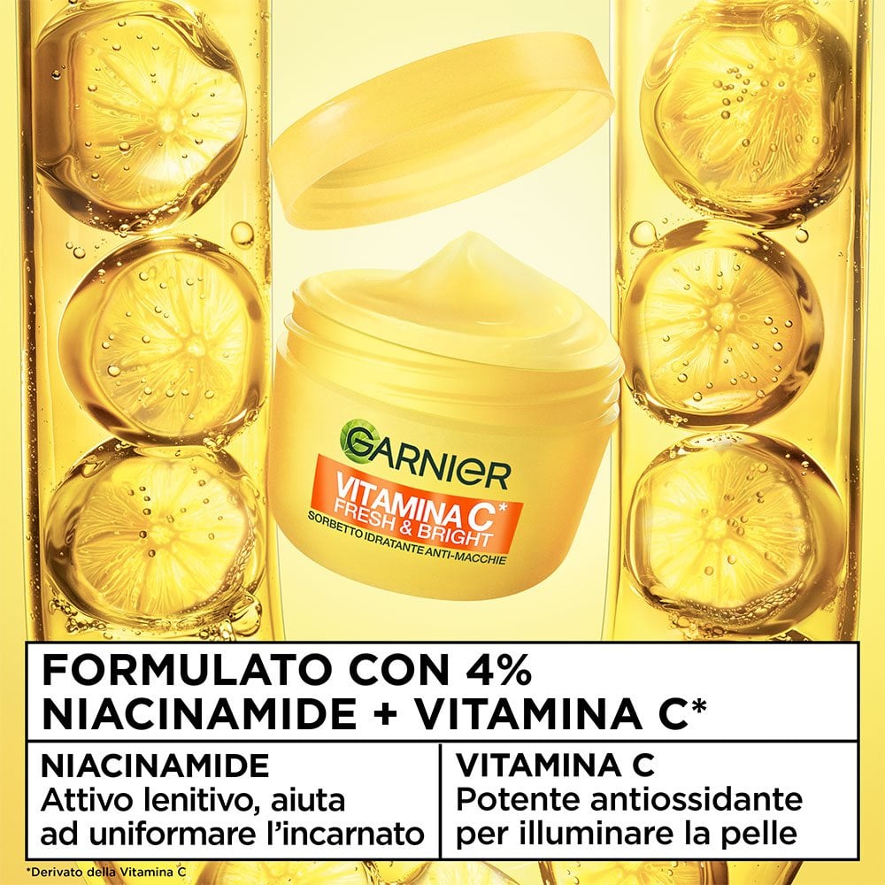 Ingredienti della crema idratante Sorbetto Fresh & Bright di Garnier: 4% niacinamide e derivato Vitamina C